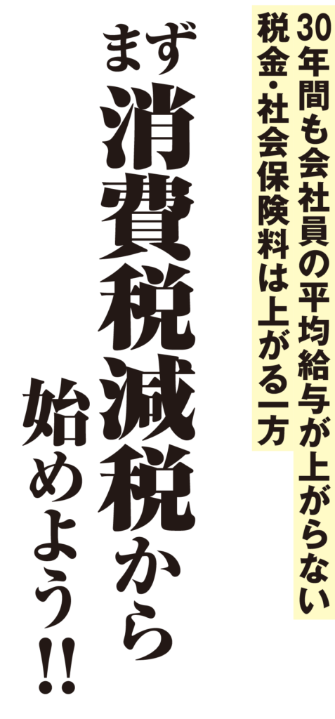 30年間も会社員の平均給与が上がらない
税金・社会保険料は上がる一方
まず消費税減税から始めよう！